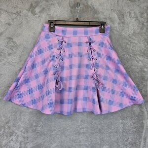 Hot Topic Skirt Womens Medium Pink Blue Plaid Lace Up Flare Y2k Grunge Kawaii